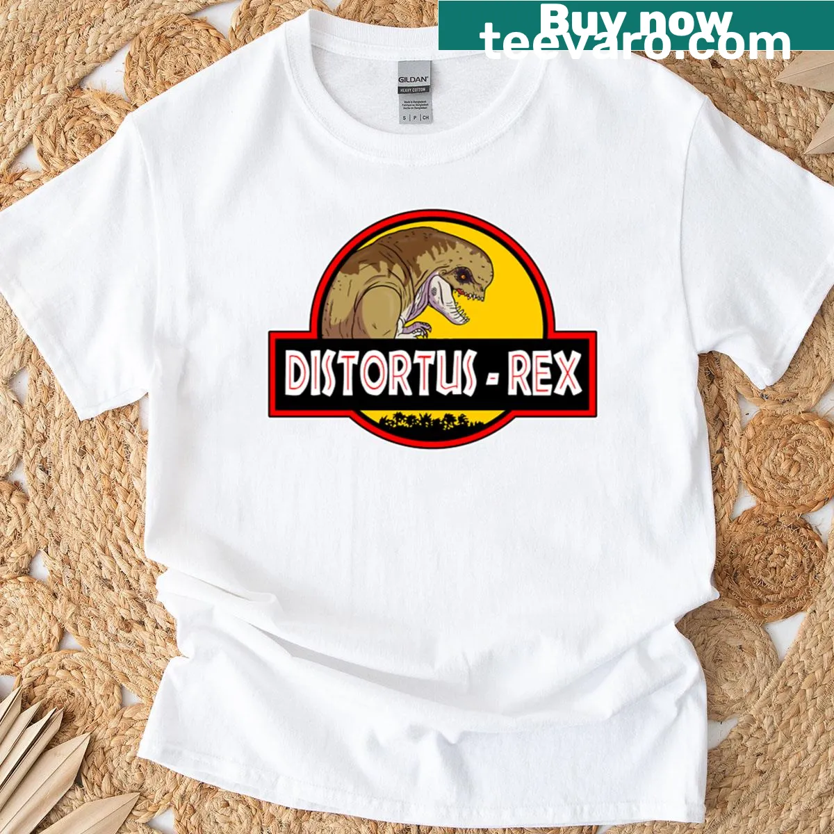 Oversized t-shirt featuring Distortus Rex, a unique dinosaur design. — on a men's t-shirt