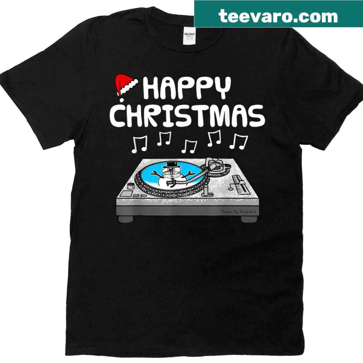 Christmas T-shirt for DJs with holiday-themed music graphics — on a men's t-shirt