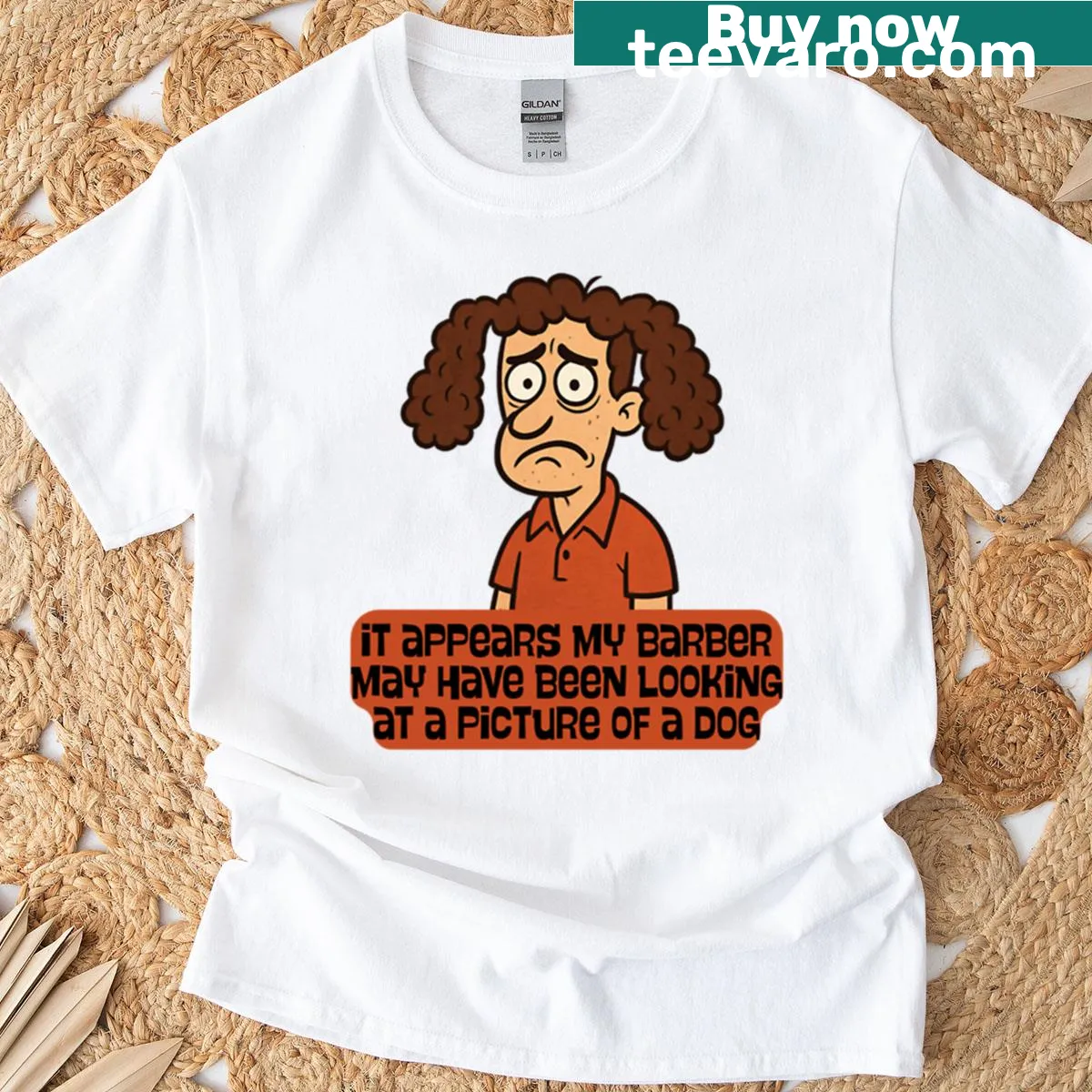 Funny t-shirt featuring dogs with various haircuts — on a men's t-shirt