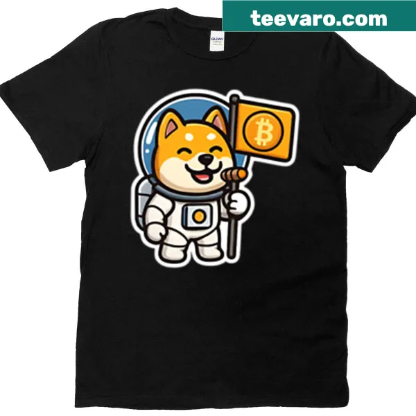 Oversized T-shirt featuring a cartoon Doge astronaut holding a Bitcoin flag.