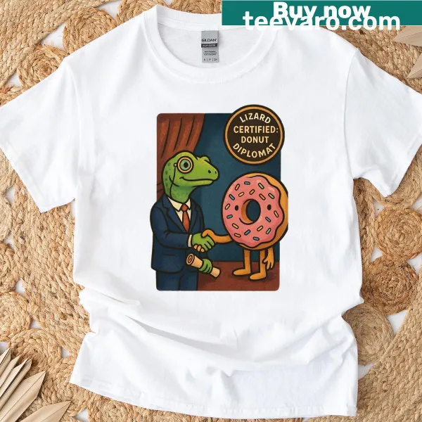 Oversized t-shirt featuring a funny lizard diplomat with donut theme