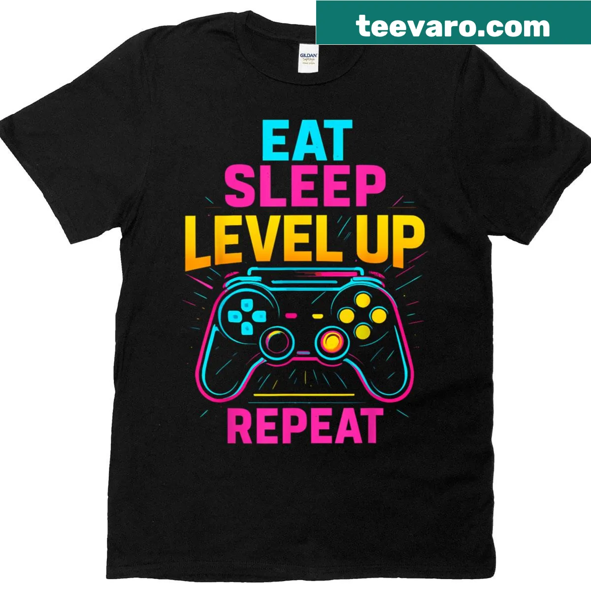 Funny gaming T-shirt with 'Eat Sleep Level Up Repeat' graphic — on a men's t-shirt