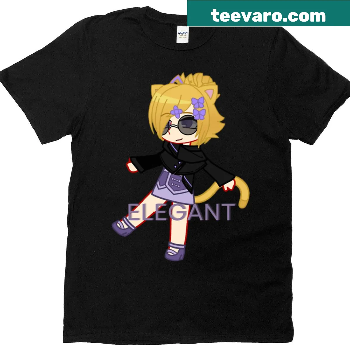 Cheerful Chibi Gacha anime girl graphic t-shirt — on a men's t-shirt