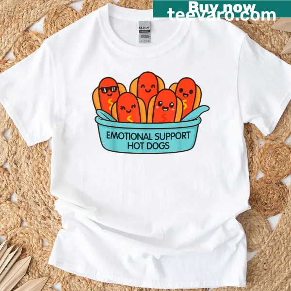 Cute t-shirt featuring cartoon hot dogs promoting emotional support