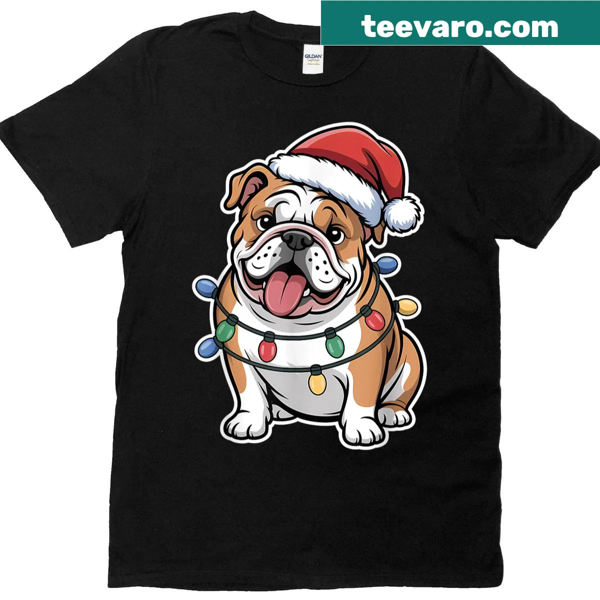 Adorable bulldog wrapped in Christmas lights graphic t-shirt — on a men's t-shirt