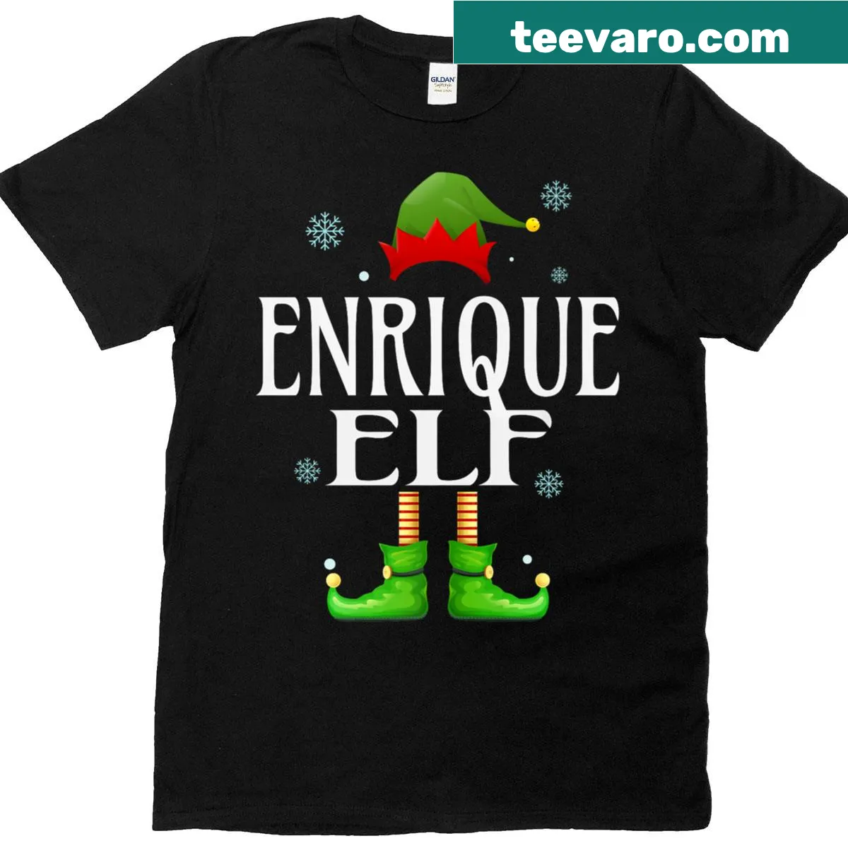 Funny Enrique Elf holiday graphic t-shirt — on a men's t-shirt