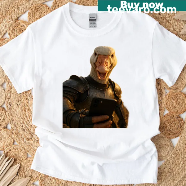 T-shirt featuring a cartoon goose in armor on a medieval battlefield