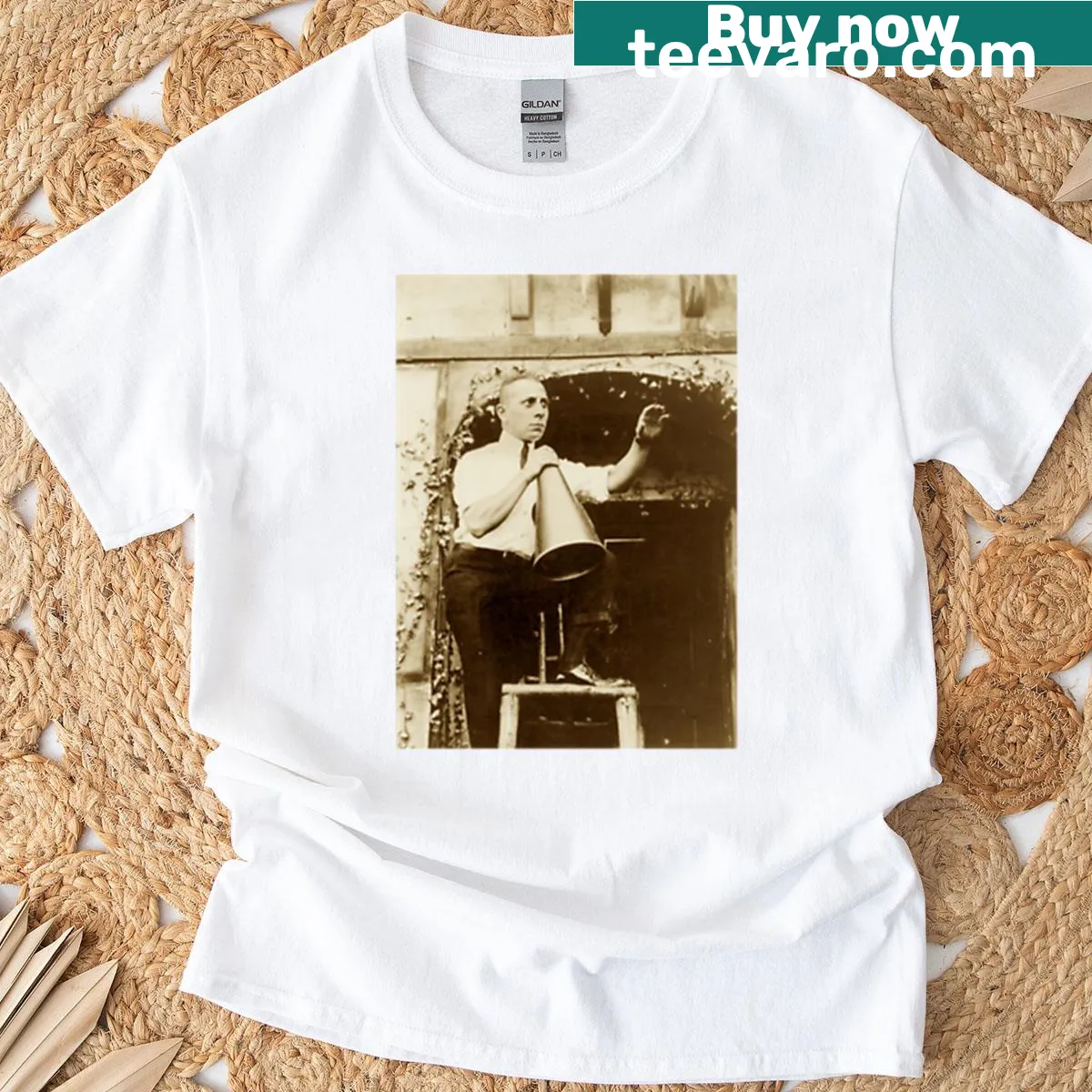 Graphic T-shirt depicting Erich Von Stroheim directing a film — on a men's t-shirt
