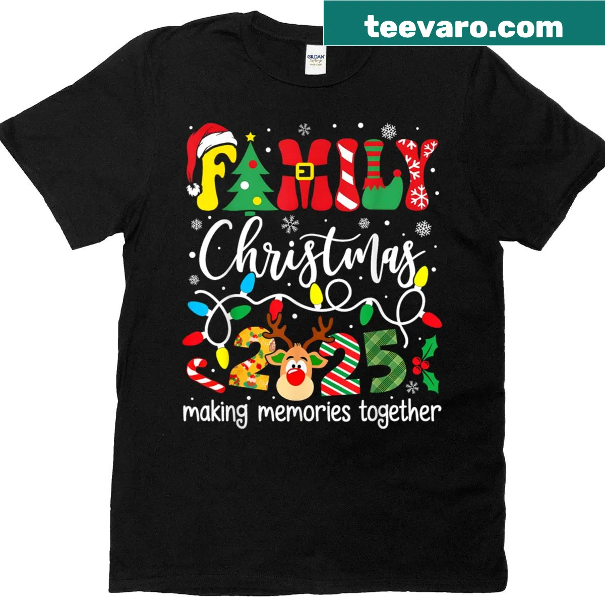 Matching family Christmas T-shirts for all ages with festive design — on a men's t-shirt