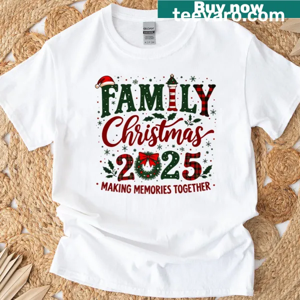 Family Christmas tee with illustrations capturing funny holiday memories