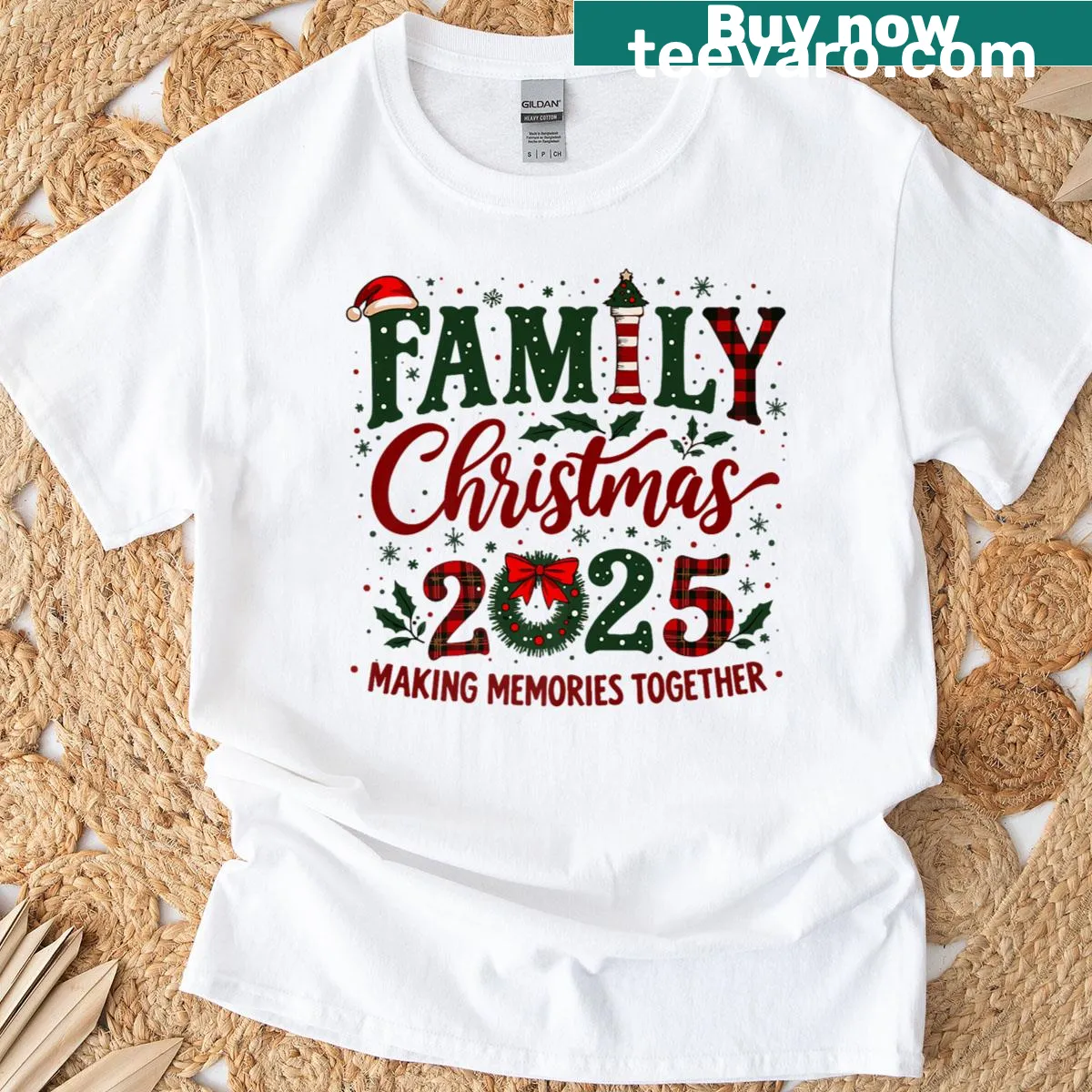 Family Christmas tee with illustrations capturing funny holiday memories — on a men's t-shirt