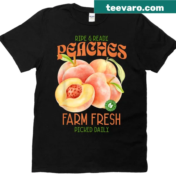Vintage-style graphic of hand-picked peaches on a T-shirt.