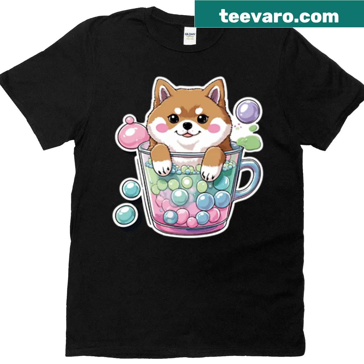Shiba Inu floating in bubble tea graphic t-shirt — on a men's t-shirt