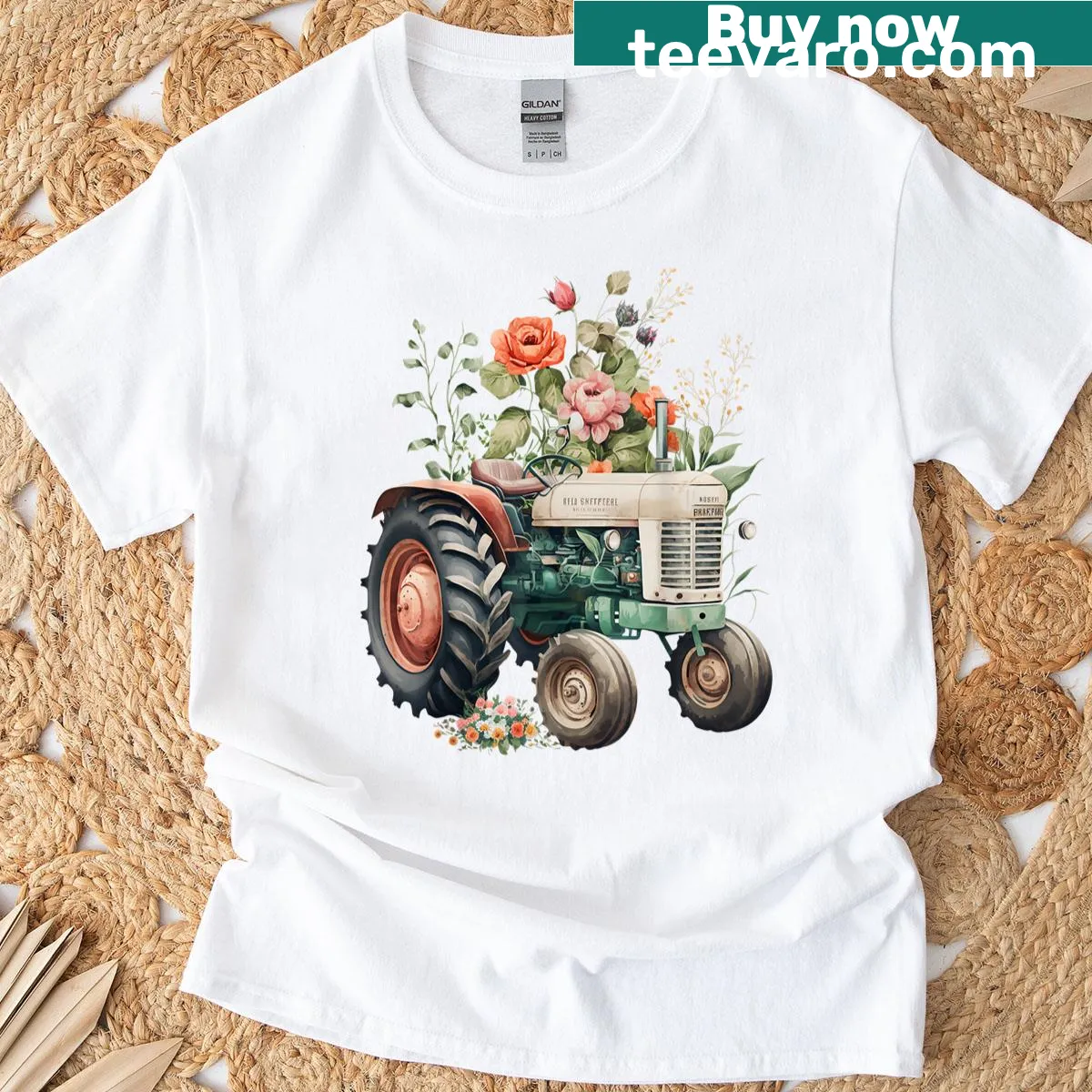Floral-themed tractor graphic on women's farm T-shirt — on a men's t-shirt