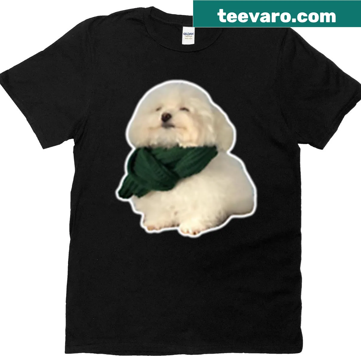 T-shirt featuring a cheerful illustration of a fluffy happy dog — on a men's t-shirt