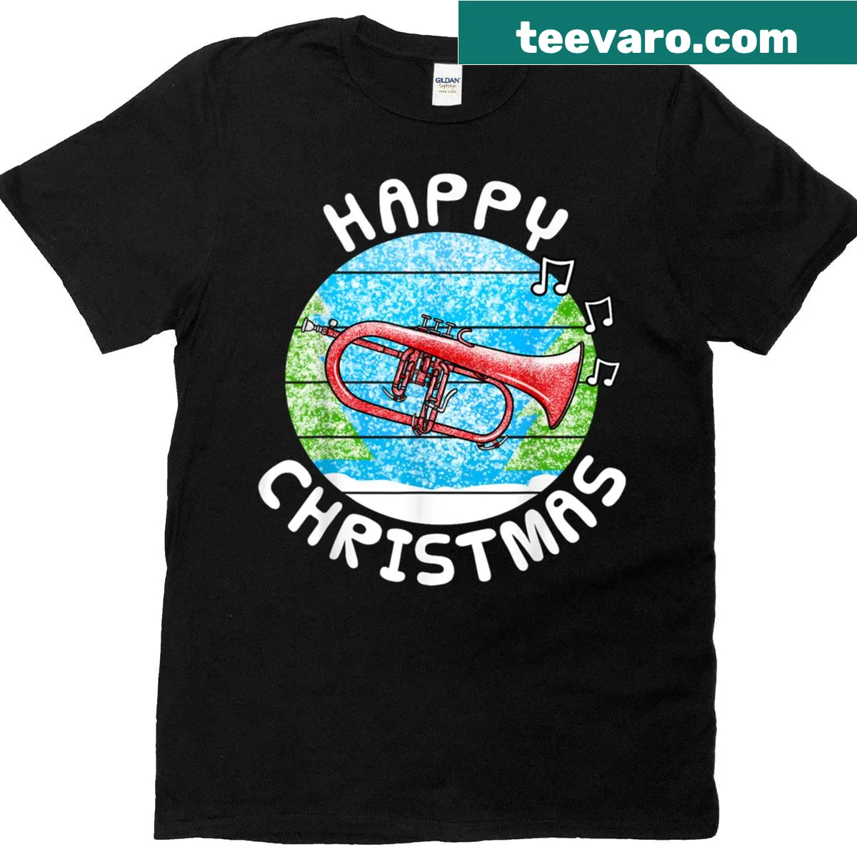Flugelhorn Christmas T-shirt with brass instrument design — on a men's t-shirt