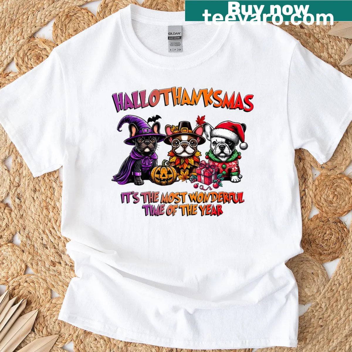 Cute French bulldog illustration for multiple holidays — on a men's t-shirt
