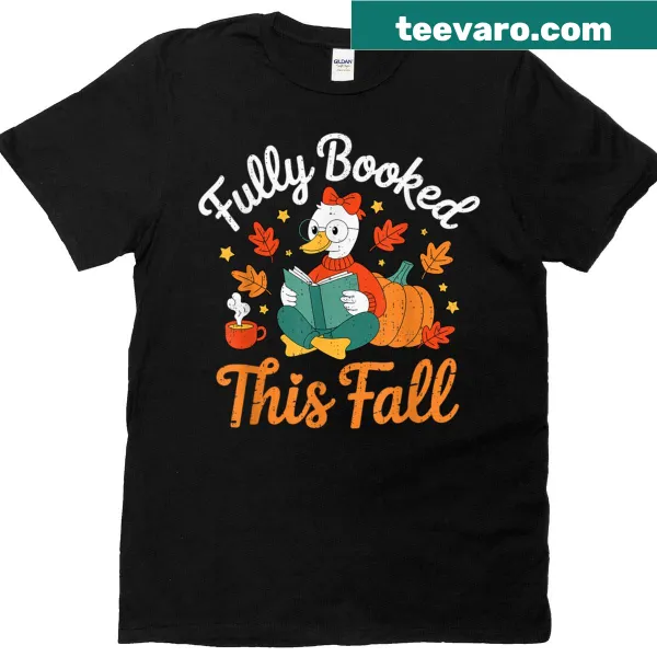 Illustrative T-shirt with a bookworm goose and 'Fully Booked This Fall' text