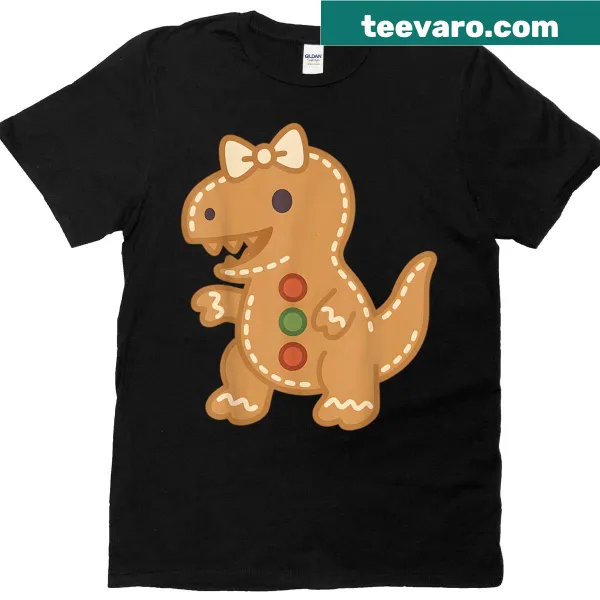 Cartoon gingerbread T-rex wearing icing and candy for Christmas