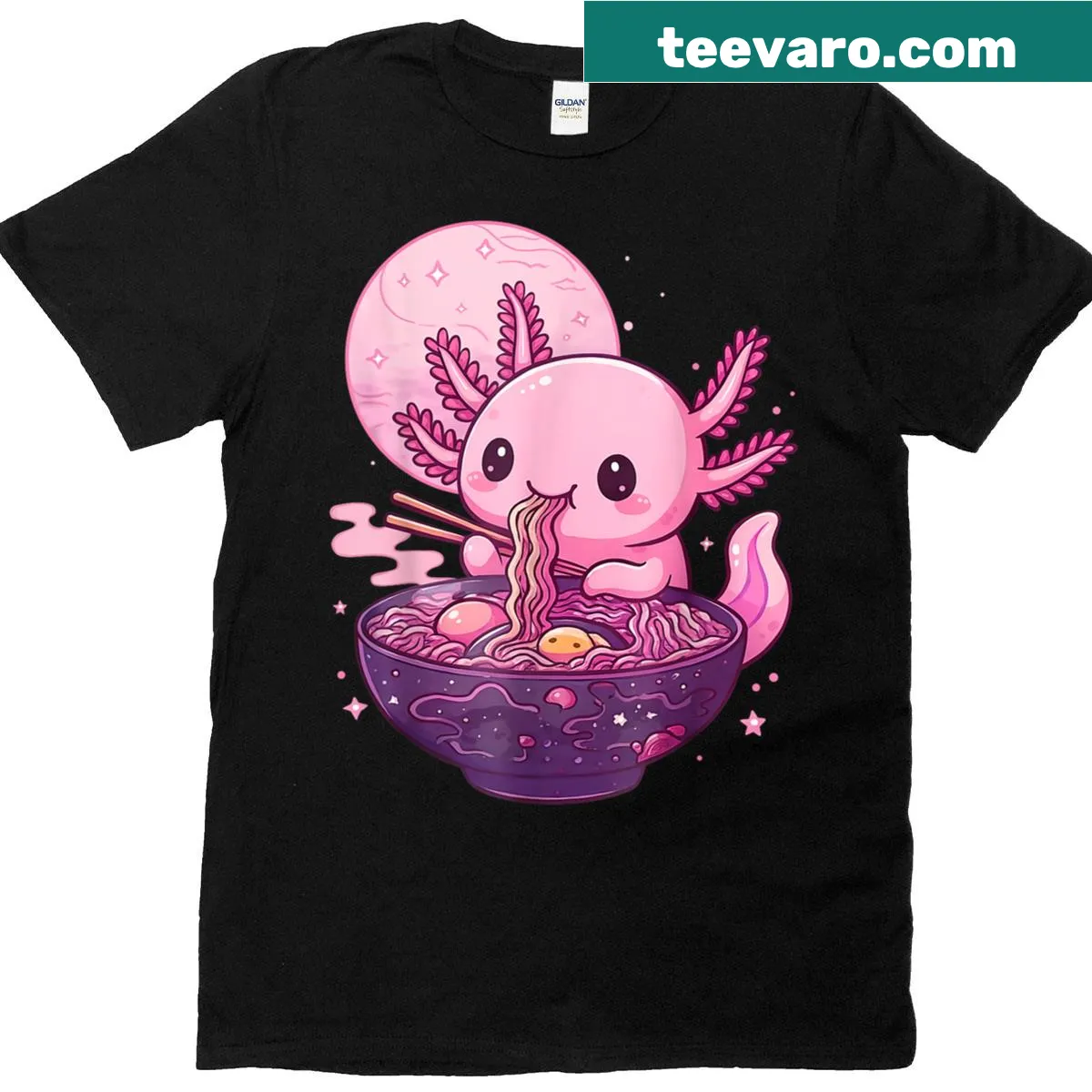 Cute axolotl eating ramen graphic on kids t-shirt — on a men's t-shirt