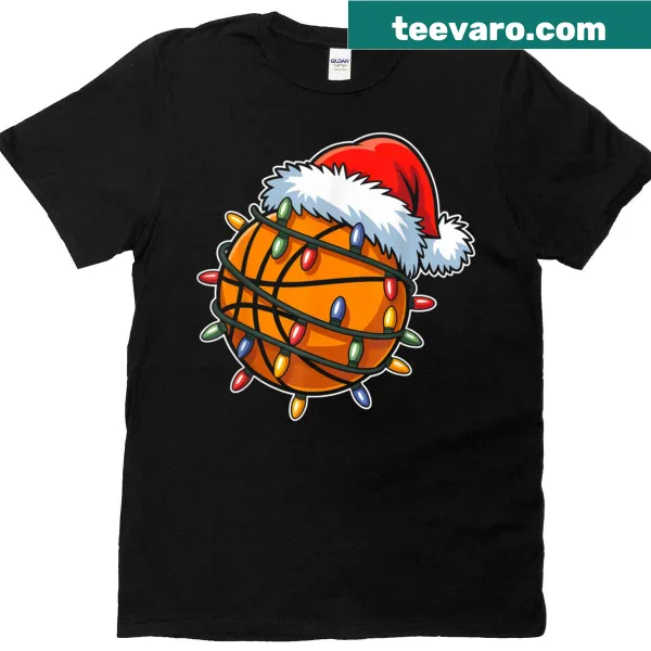 Humorous T-shirt with basketball players in Santa hats and Christmas lights