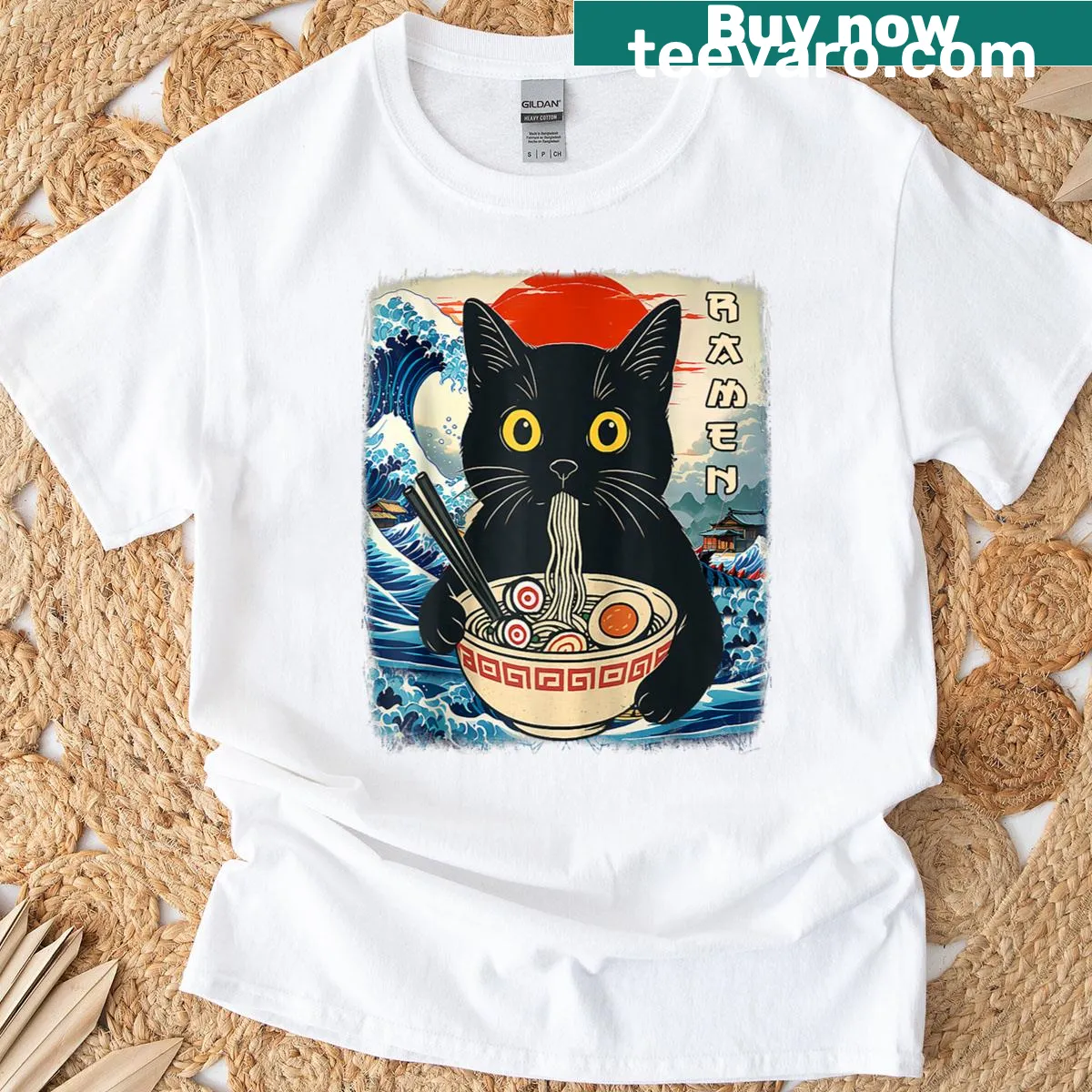 Kawaii cat enjoying ramen graphic on a T-shirt — on a men's t-shirt