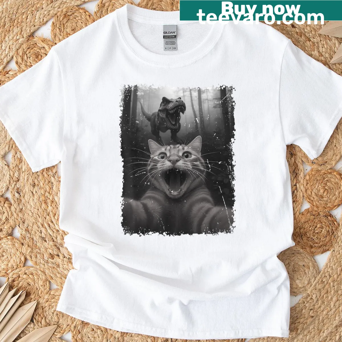 Funny cat and T-rex dinosaur selfie illustration on a t-shirt — on a men's t-shirt