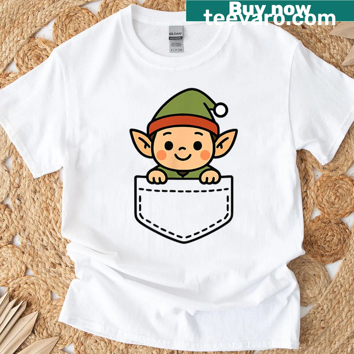 Cute Christmas elf graphic peeking from a pocket on a t-shirt — on a men's t-shirt