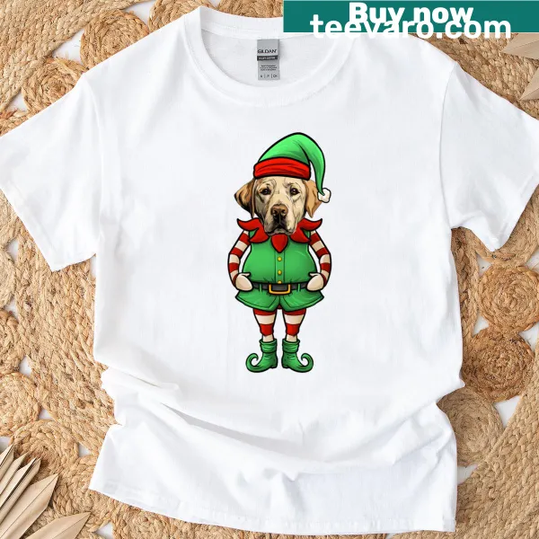Funny Christmas elf design featuring a yellow Labrador Retriever.