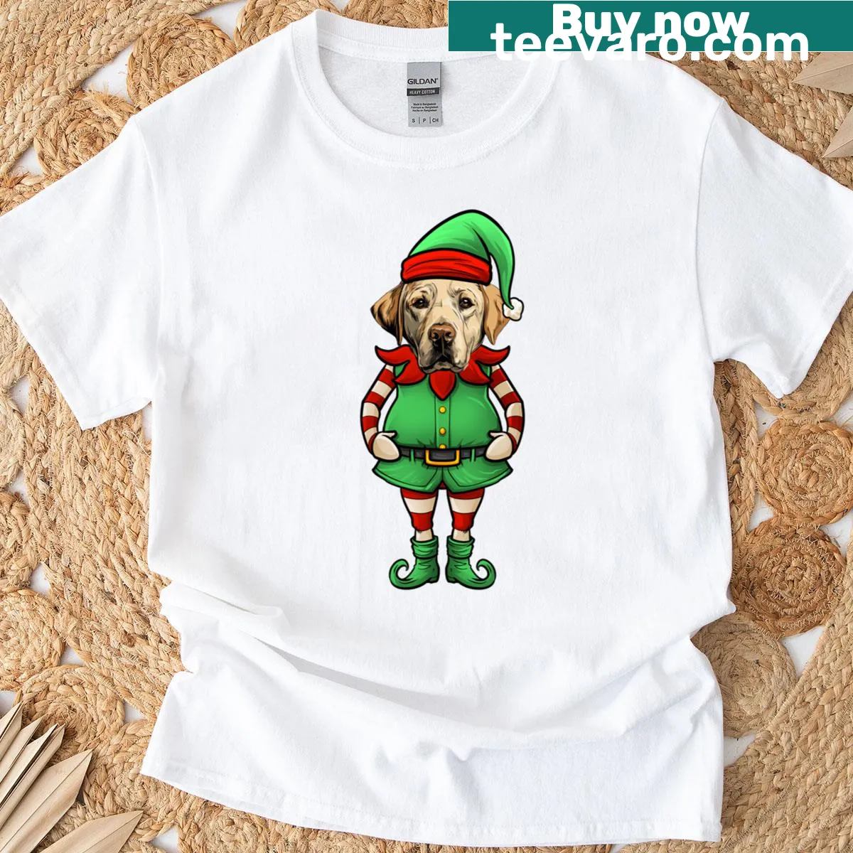 Funny Christmas elf design featuring a yellow Labrador Retriever. — on a men's t-shirt