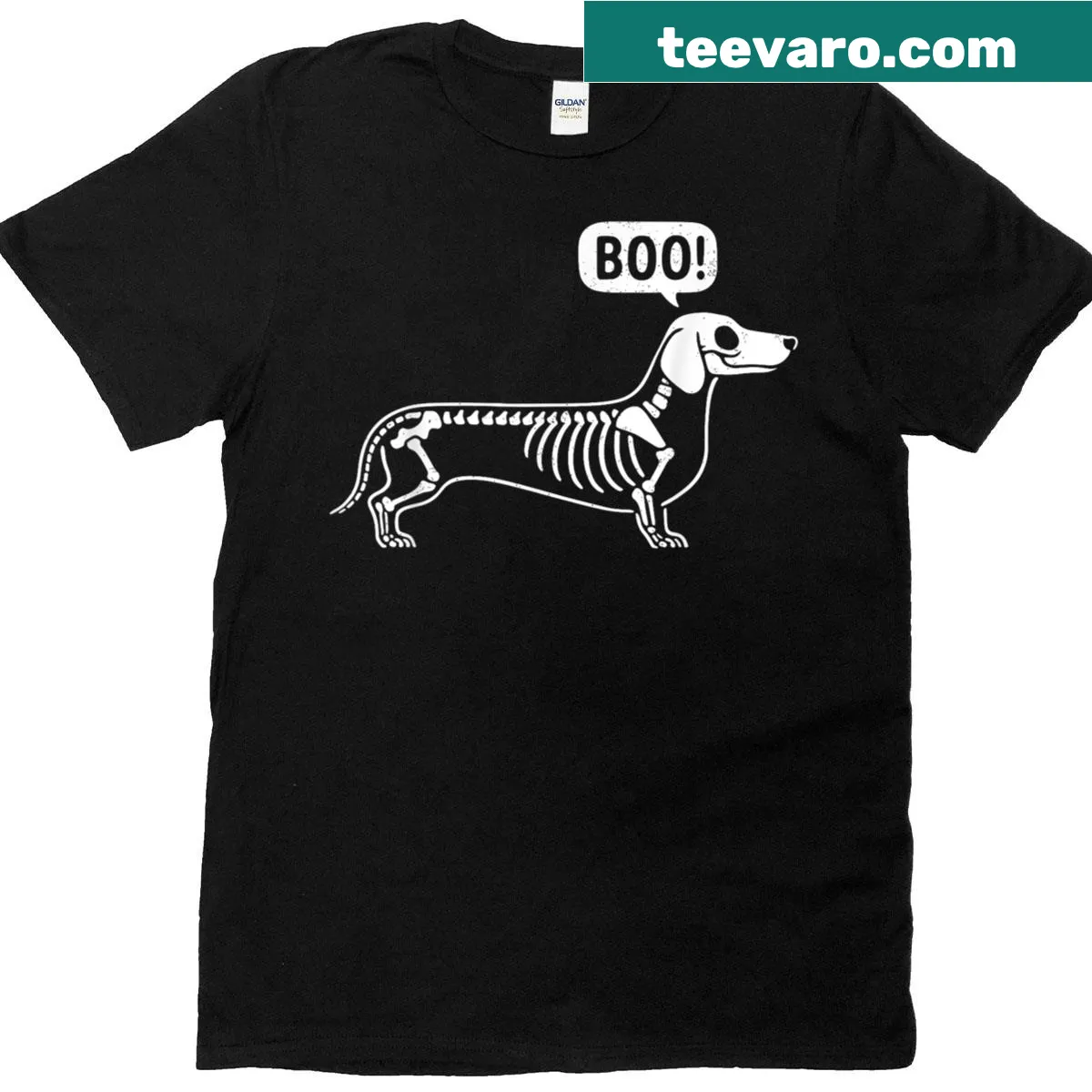 Halloween-themed Dachshund skeleton t-shirt with 'Boo' text — on a men's t-shirt