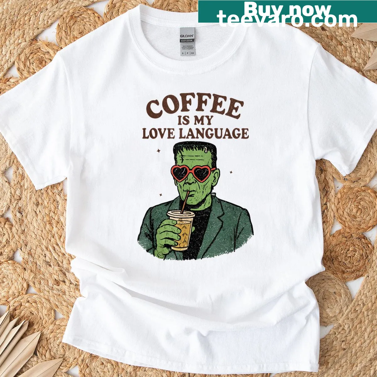 Frankenstein-themed t-shirt with humorous coffee saying — on a men's t-shirt