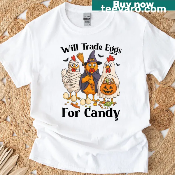 Funny chicken graphic trading eggs for candy on T-shirt