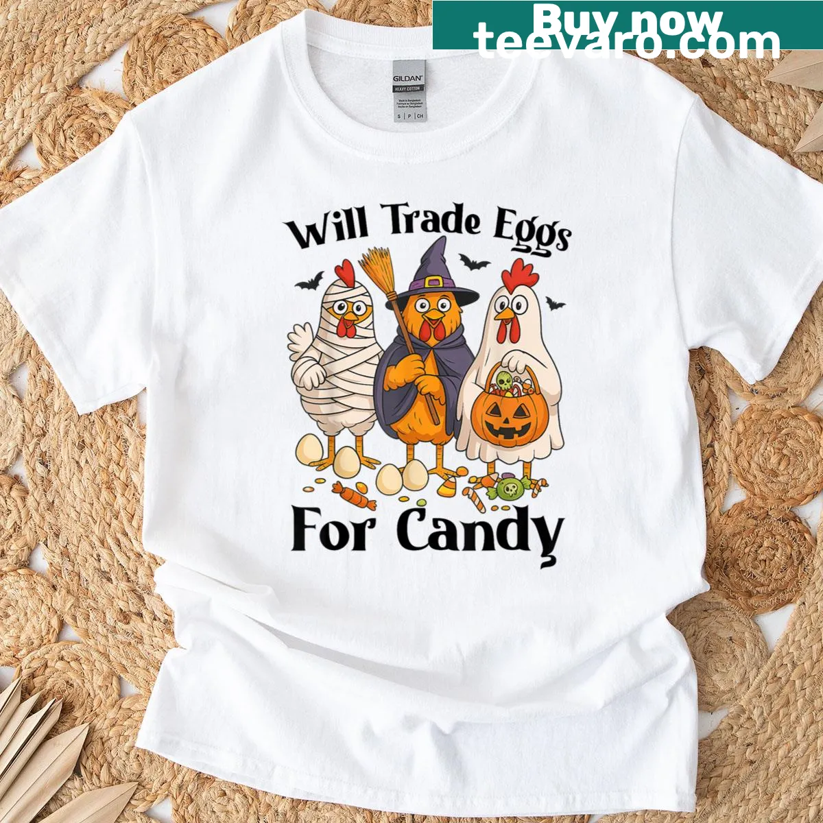 Funny chicken graphic trading eggs for candy on T-shirt — on a men's t-shirt