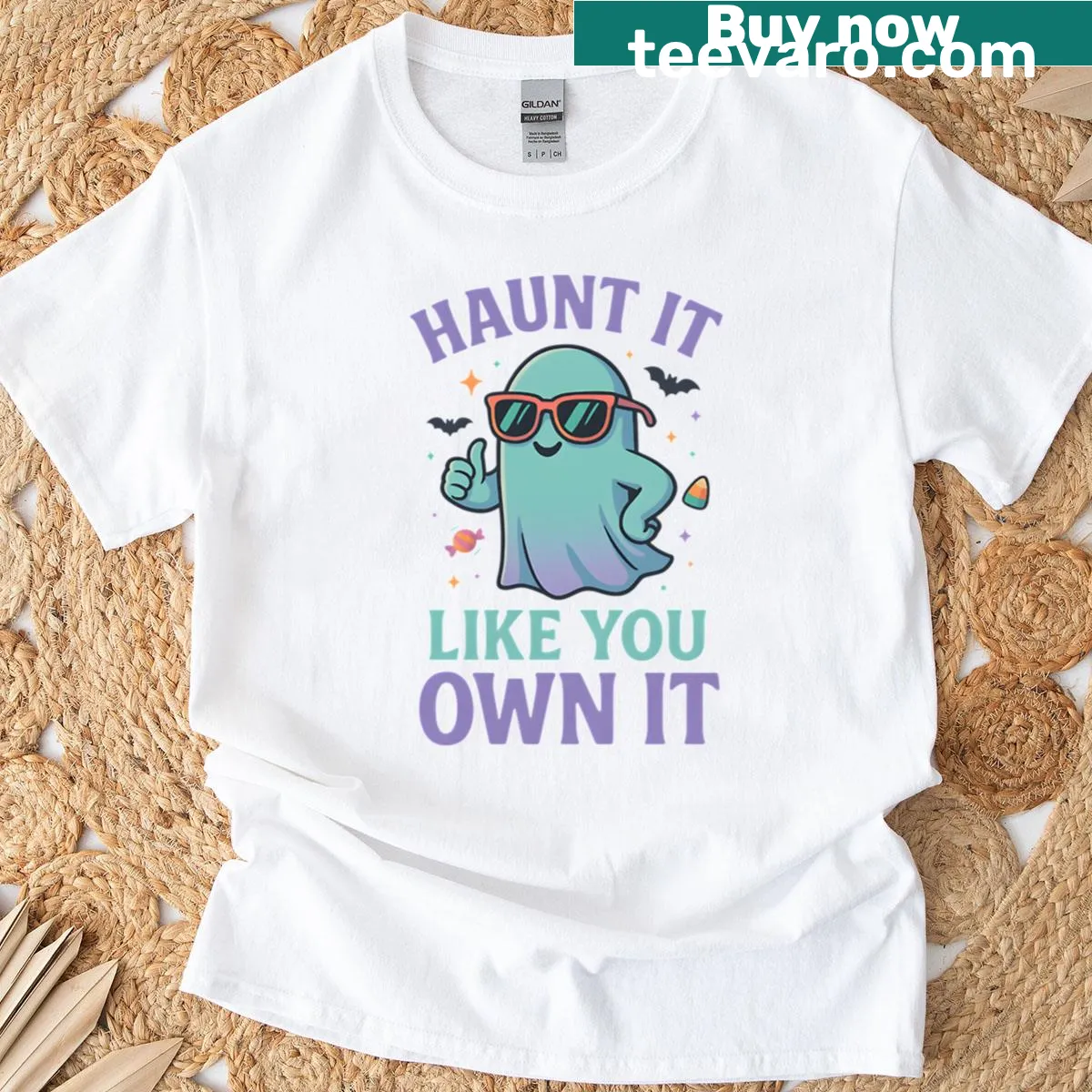 Funny ghost graphic with humorous text on Halloween T-shirt — on a men's t-shirt
