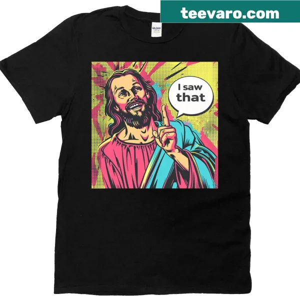 Pop art Jesus meme graphic on an oversized t-shirt