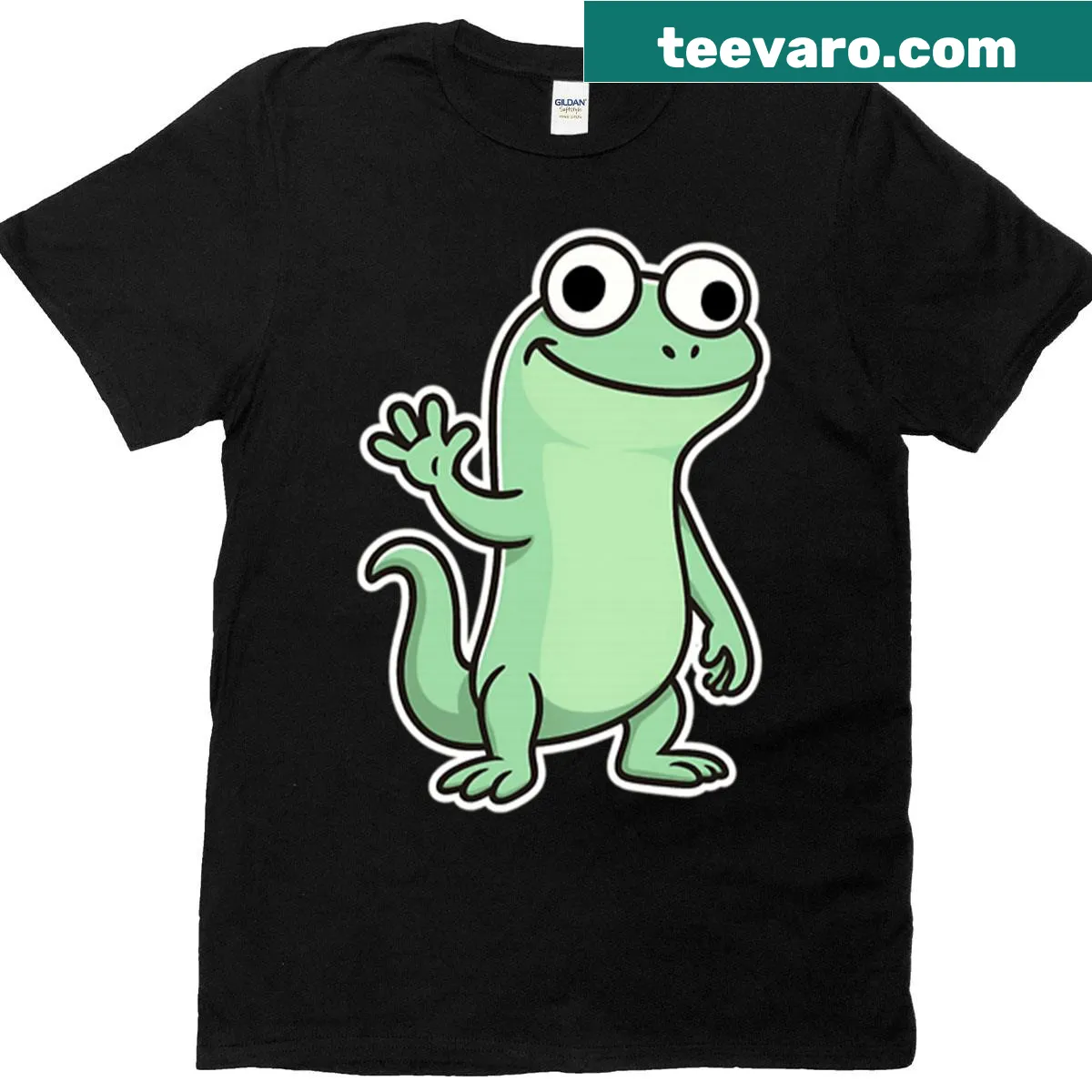 Cartoon gecko design T-shirt featuring a funny lizard meme — on a men's t-shirt