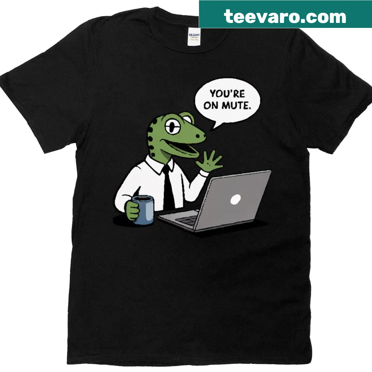 Cartoon lizard on a Zoom call design for a fun t-shirt — on a men's t-shirt