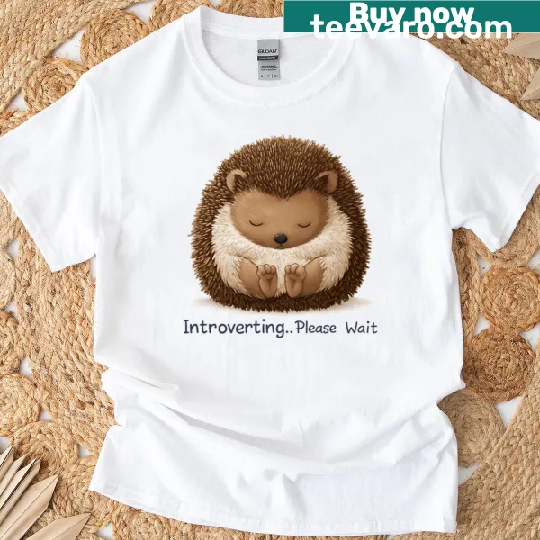 Cute sleeping hedgehog with text 'Introverting Please Wait' illustration