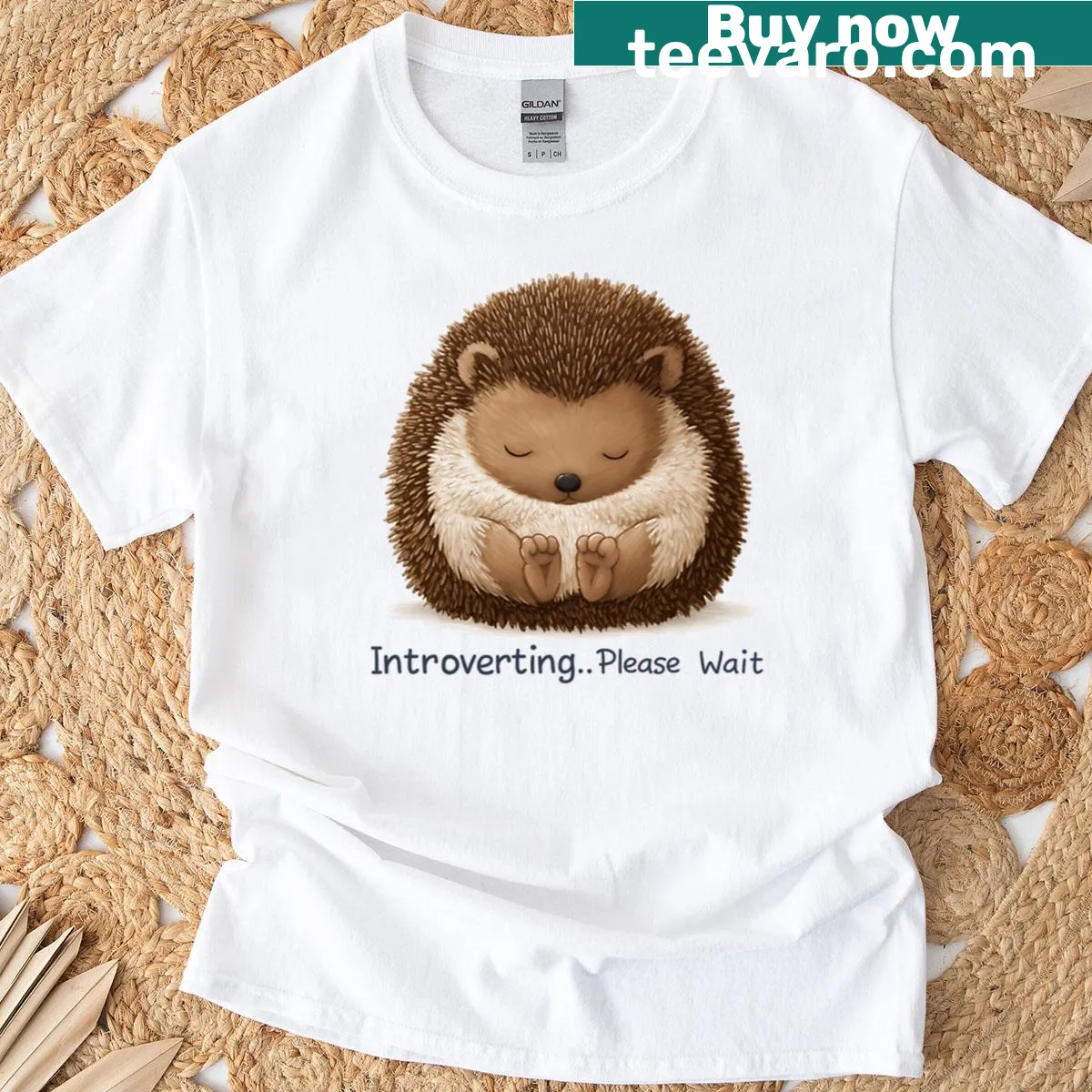Cute sleeping hedgehog with text 'Introverting Please Wait' illustration — on a men's t-shirt