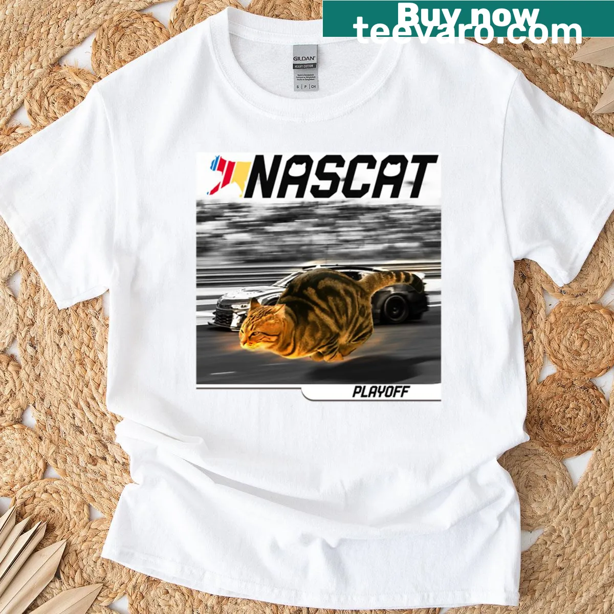 Meme cat racing design with humorous text on T-shirt — on a men's t-shirt
