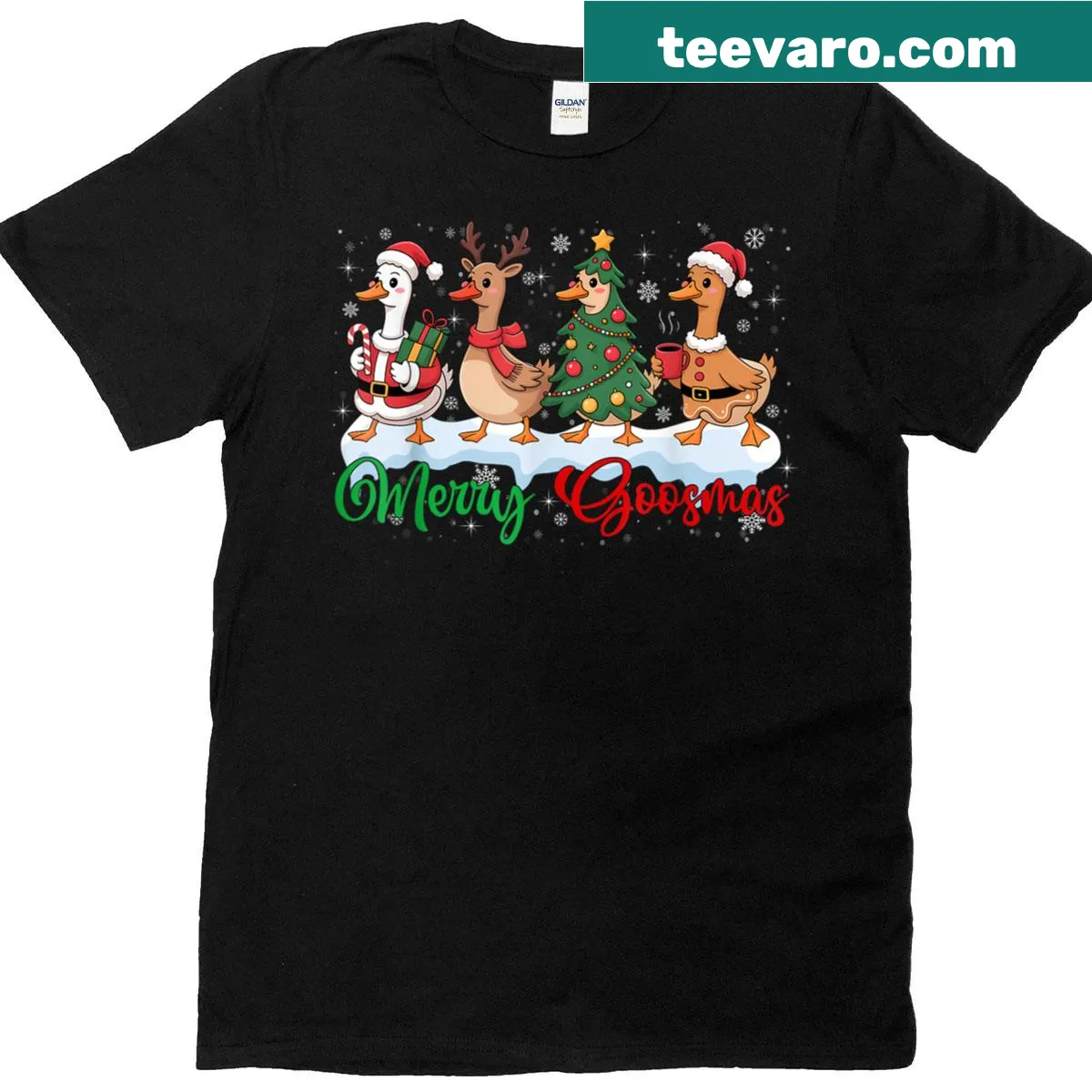 Cartoon duck design celebrating Merry Goosemas on T-shirt for women — on a men's t-shirt