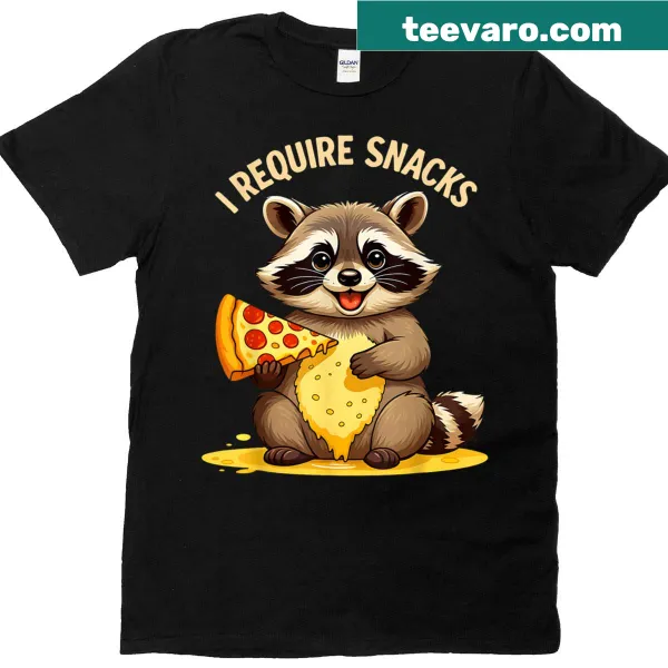 Raccoon graphic with 'I Require Snacks' text on a T-shirt.