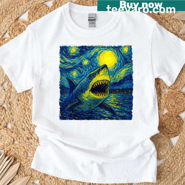 Shark graphic in Van Gogh style on t-shirt