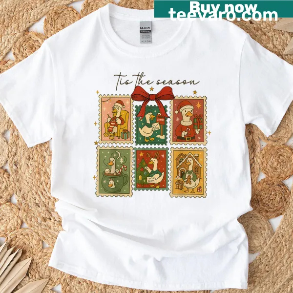 Cute geese with Christmas stamps in a funny design
