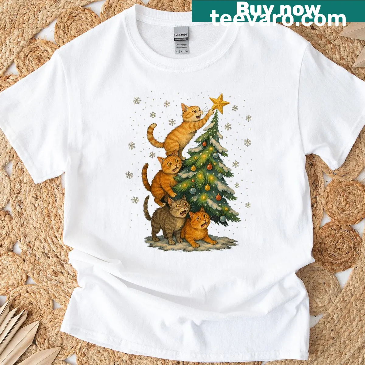 Vintage style Christmas t-shirt with cats decorating a tree — on a men's t-shirt