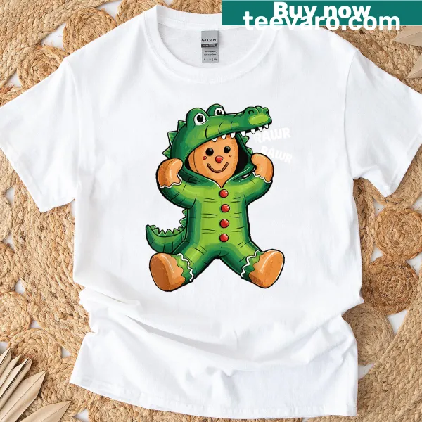 Cute gingerbread man and crocodile graphic on a kids' Christmas T-shirt