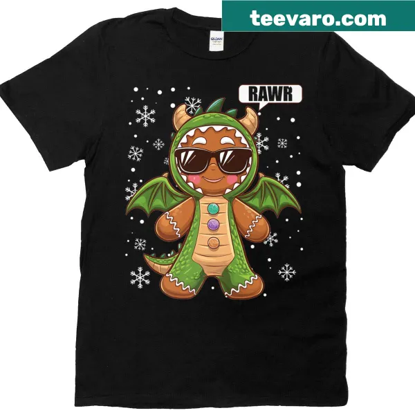 Gingerbread man riding a dragon graphic on a premium Christmas t-shirt