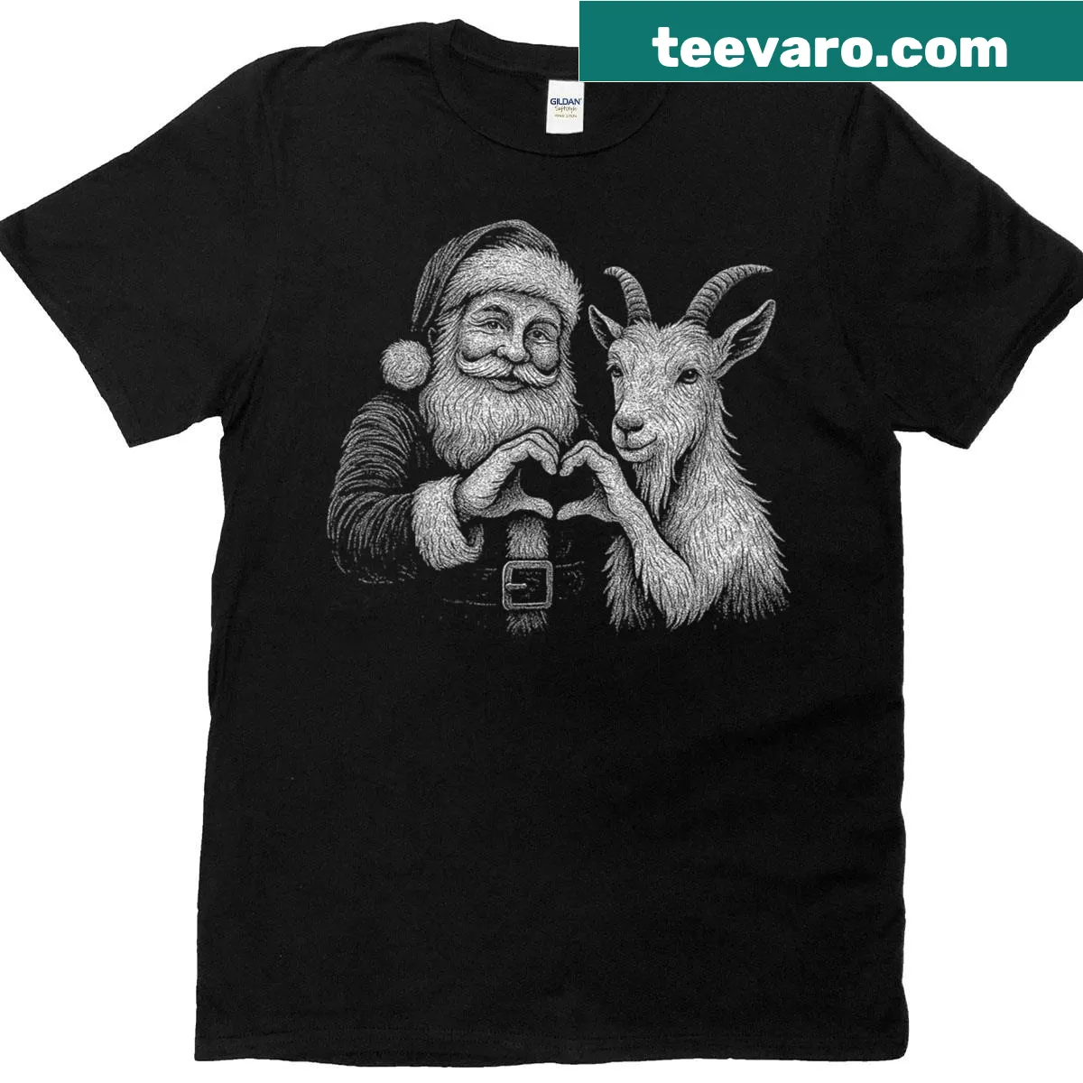 Cute goat Santa graphic tee with heart design for Christmas. — on a men's t-shirt
