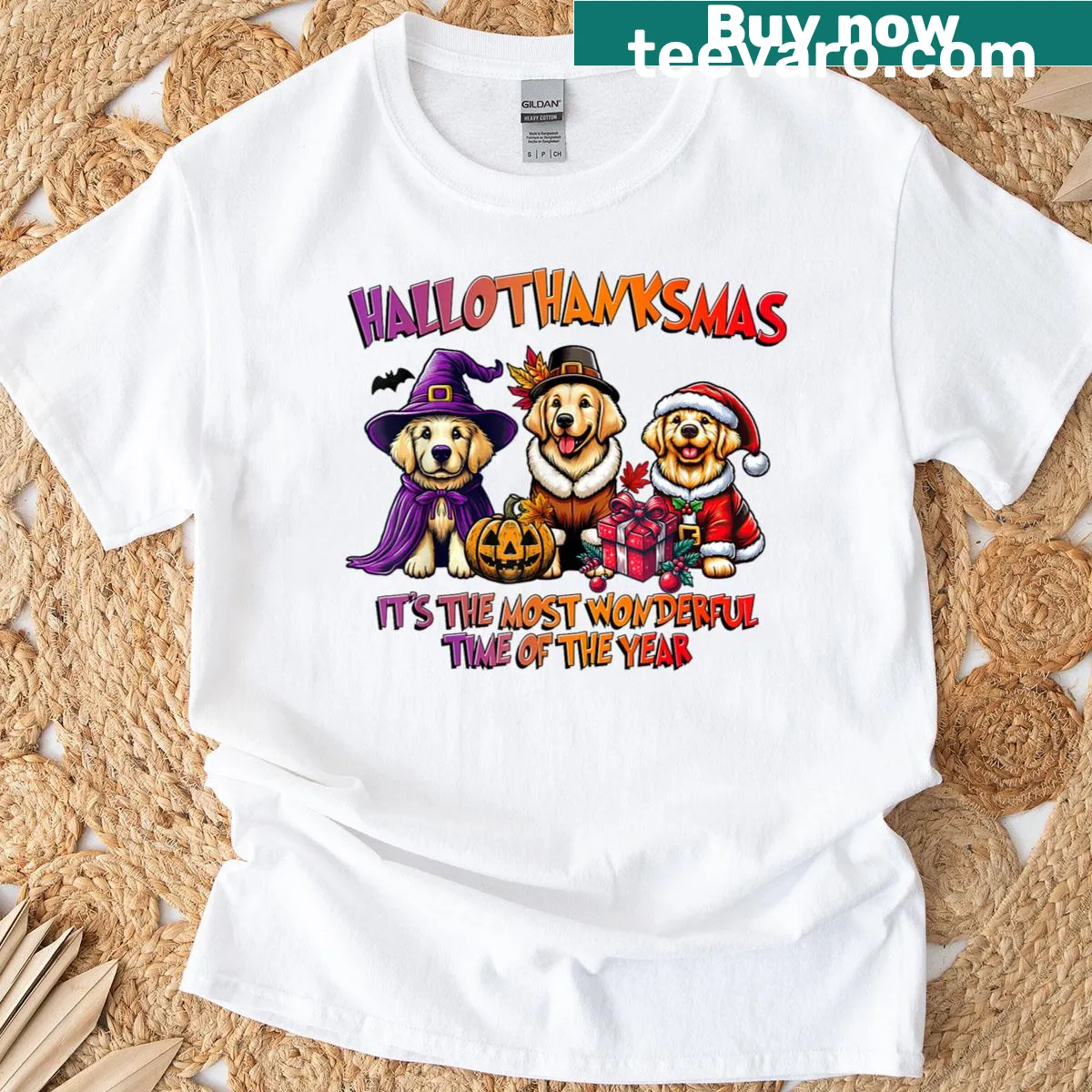 Humorous golden dog graphic on a holiday-themed T-shirt — on a men's t-shirt